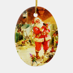 Décoration En Céramique Père Noël et ses elfes dans les écuries de Pôl