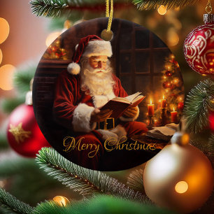 Décoration En Céramique Père Noël vintage lisant un livre