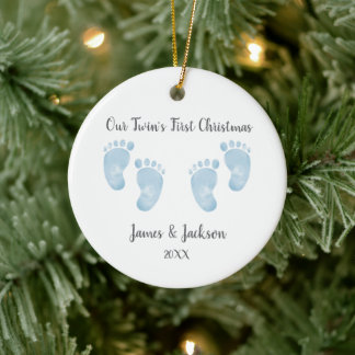 Décoration En Céramique Personalized Twin Baby Boys Blue Footprint 