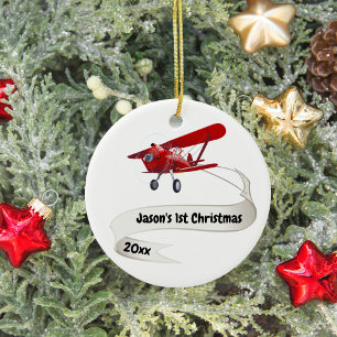 Décoration En Céramique Personnalisé, Avion rouge & Père Noël, Premier Noë