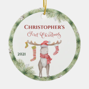 Décoration En Céramique Personnalisé Cute Moose Babys Premier Noël