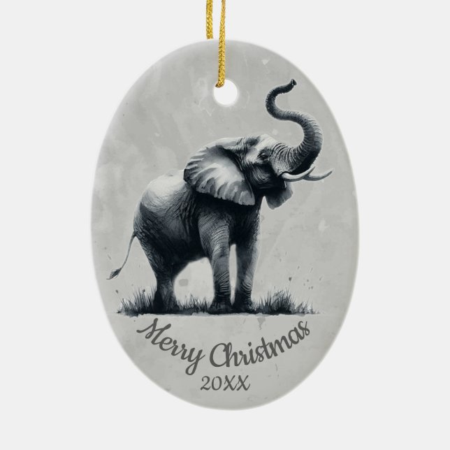 Décoration En Céramique Personnalisé Date de Noël Aquarelle Eléphant (Dos)