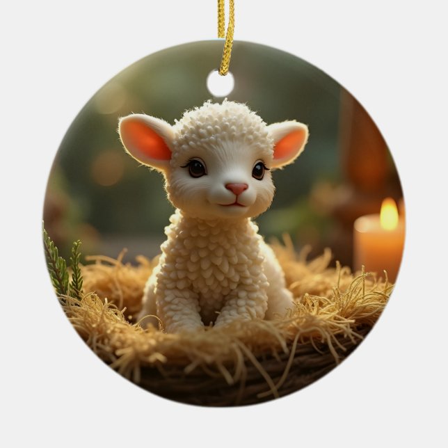 DÉCORATION EN CÉRAMIQUE PETIT AGNEAU DANS UNE MANGER (Devant)