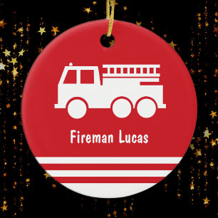 Décoration En Céramique Petit Camion d'incendie Garçon rouge et blanc Noël