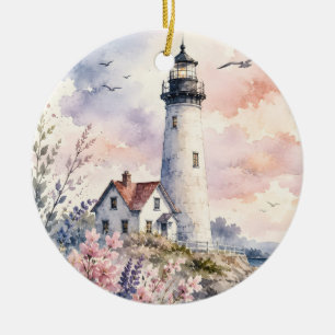 Décoration En Céramique Phare peint à l'aquarelle