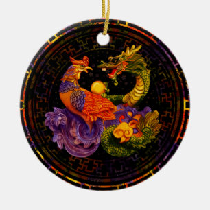 Décoration En Céramique Phoenix et Dragon - en couleur