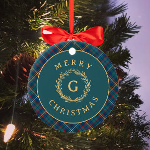 Décoration En Céramique Photo de Noël classique à carreaux Monogramme vert