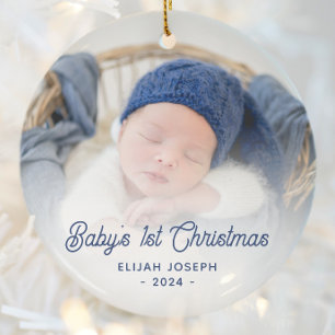 Décoration En Céramique Photo de Noël de bébé - Écriture rétro bleu marine