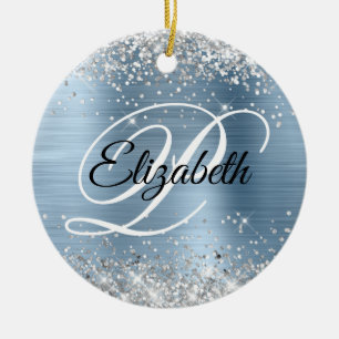 Décoration En Céramique Photo Pailleté Argent Monogramme Feuille Bleu Clai