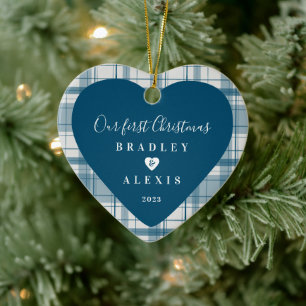 Décoration En Céramique Photo Plaid First Christmas Marié Bleu