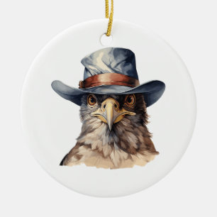Décoration En Céramique pigeon drôle portant un casquette cowboy, aquarell