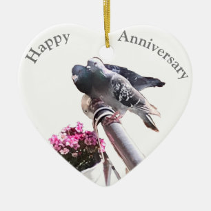 Décoration En Céramique Pigeon paire et Fleurs anniversaire