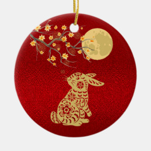 Décoration En Céramique Pile rouge lune chinoise lapin