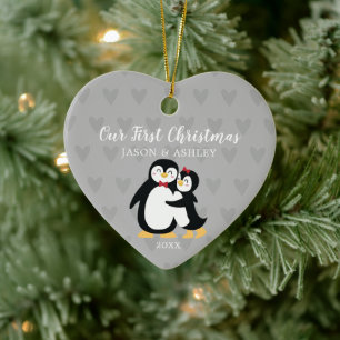 Décoration En Céramique Pingouin Amour Notre Premier Noël