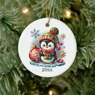 Décoration En Céramique Pingouin mignon ajouter la date et le message Noël