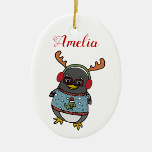 Décoration En Céramique Pingouin Nerd   Nom personnalisé Noël