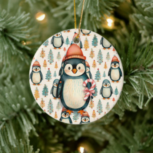 Décoration En Céramique Pingouin vintage avec Sucres de canne Noël