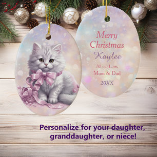 Décoration En Céramique Pink Christmas Bow White Kitten Kids