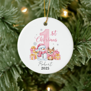 Décoration En Céramique Pink Snowman Baby First Christmas