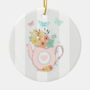 Décoration En Céramique Pink Teapot with Flowers & Butterflies