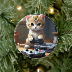 Décoration En Céramique "Pixel Paws : The Gamer Kitten in Action"