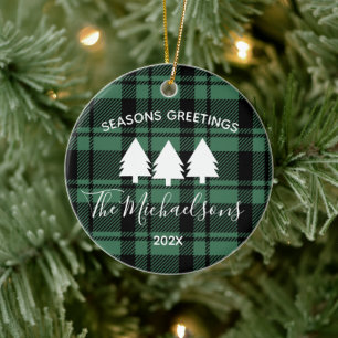 Décoration En Céramique Plaid noir et vert avec Monogramme Nom Photo Ce