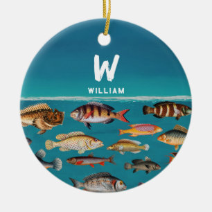 Décoration En Céramique Poisson Coloré Monogramme Sous Océan Bleu