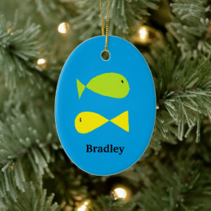 Décoration En Céramique Poissons verts et jaunes mignons sur le bleu
