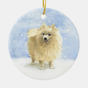 Décoration En Céramique Pomeranian Eskie dans la neige
