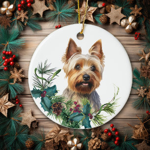 Décoration En Céramique Portrait de chien Terrier australien Holly Wreath