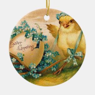 Décoration En Céramique Poulet vintage avec chariot d'oeufs de Pâques