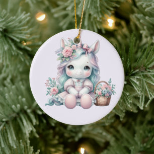 Décoration En Céramique Poupée Licorne Kawaii Pastel avec Panier de Fleurs