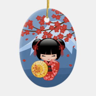 Décoration En Céramique Poupée rouge Sakura Kokeshi - mignonne Geisha Girl