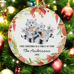 Décoration En Céramique Premier Noël comme famille du raton laveur quatre