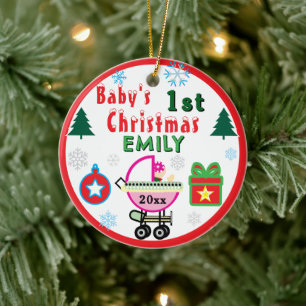 Décoration En Céramique Premier Noël de Bébé Fille Vert NOM