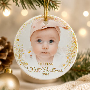 Décoration En Céramique Premier Noël de Bébé Photo Nom Année Or