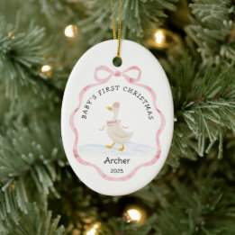 Décoration En Céramique Premier Noël de bébé Ruban Aquarelle Rose Oie