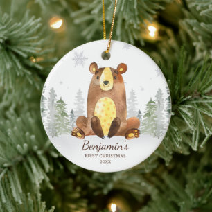 Décoration En Céramique Premier Noël de l'ours de la forêt d'aquarelle