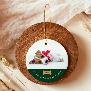 Décoration En Céramique Premier Noël de votre chien   Vert avec deux phot
