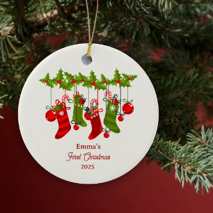 Décoration En Céramique Premier Noël du bébé avec des bas colorés
