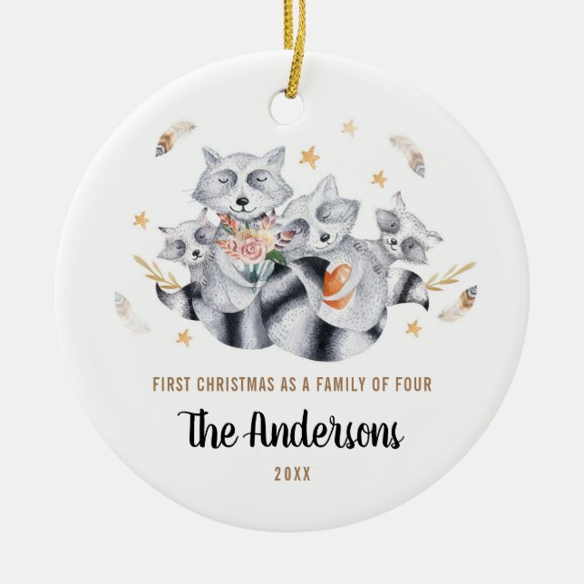 Décoration En Céramique Premier Noël en famille de quatre 4 Raccoons (Devant)