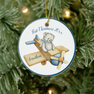 Décoration En Céramique Premier Noël Garçon Aquarelle Bleue Ours Nom Dat