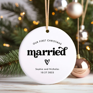 Décoration En Céramique Premier Noël Marié Noir et Blanc avec Coeur