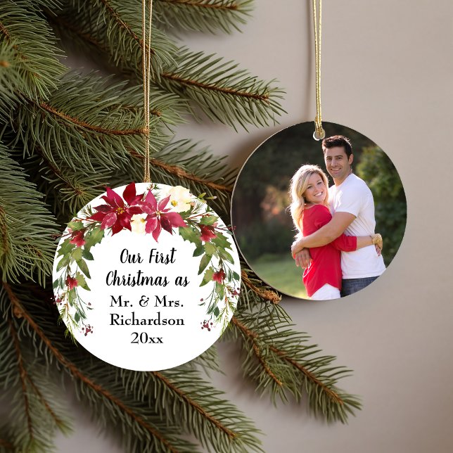 Décoration En Céramique Premier Noël Marié Poinsettia Photo (First Christmas Married Poinsettia Photo Ceramic Ornament)