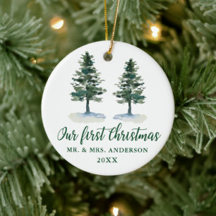 Décoration En Céramique Première calligraphie de Noël Aquarelle Deux Pins