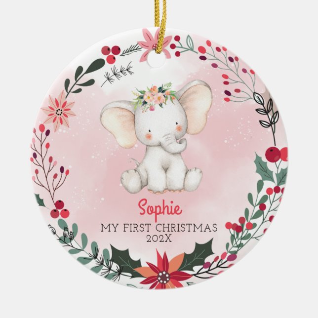 Décoration En Céramique Première fille éléphante de Noël du bébé avec nom (Devant)