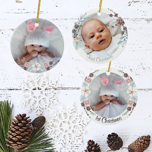 Décoration En Céramique Première photo de Noël du bébé floral d'hiver
