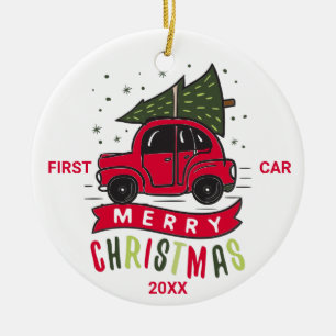 Décoration En Céramique Première voiture Joyeux Noël Voiture rouge arbre T
