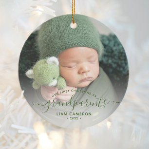 Décoration En Céramique Premiers Noël des Grands-Parents Photo Script Vert