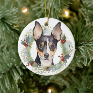 Décoration En Céramique Rat Terrier Fête de Noël Wreath Pup